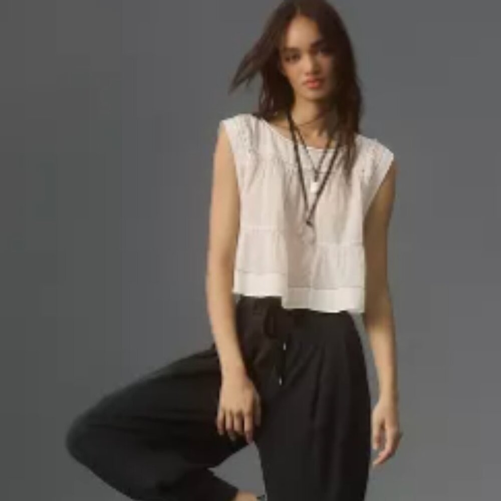 NWOT By Anthropologie Cap-Sleeve Cotton Babydoll Blouse Size M